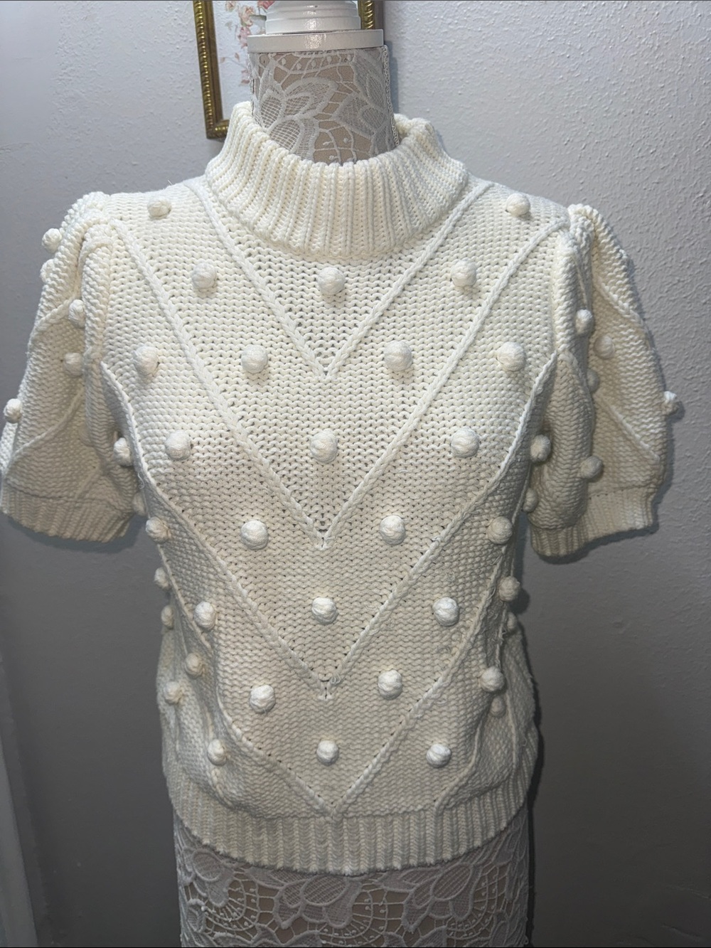 English Factory Cream Pom-Pom Turtleneck Short Sleeve Sweater
